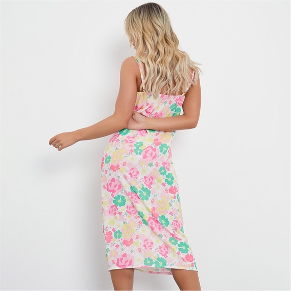 Floral Square Neck Midi Dress with Ruched Bust and Slit - Picture 6 of 12